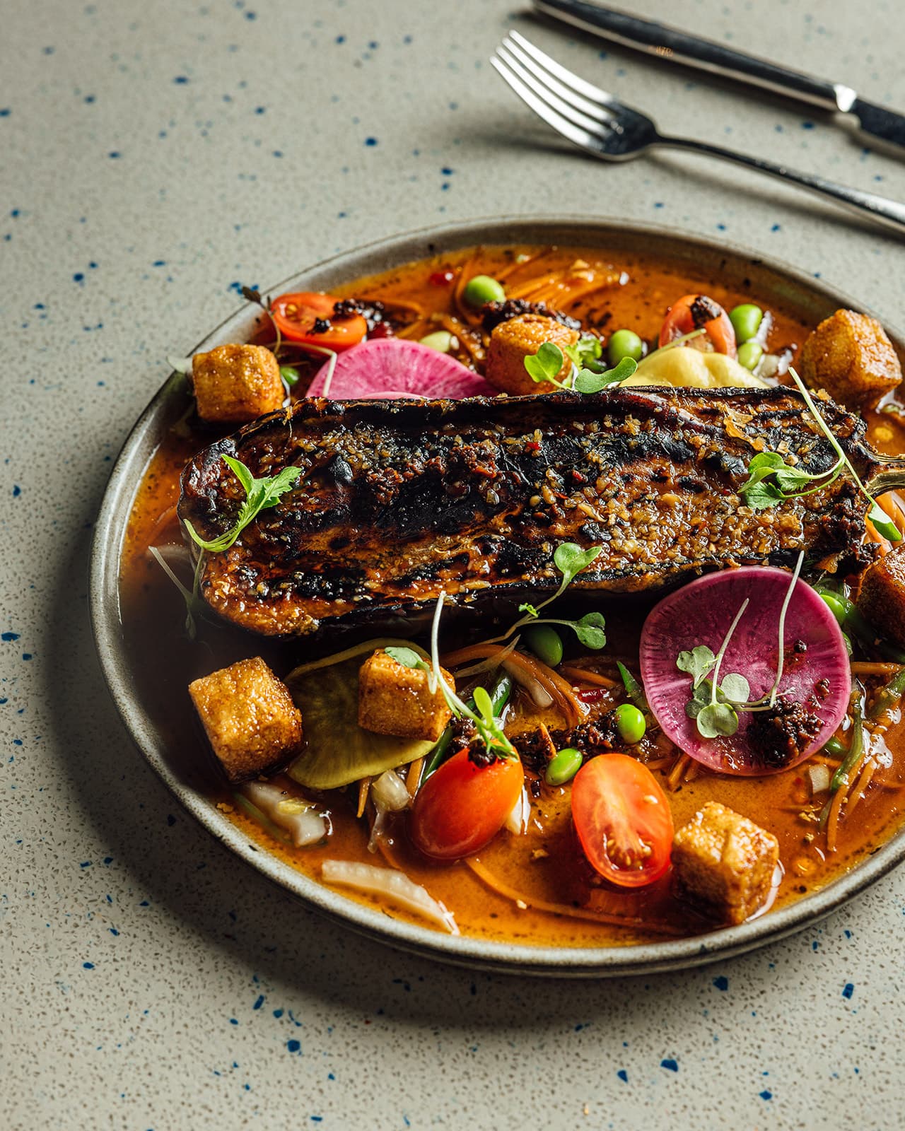 Grilled fish in coconut curry with vegetables